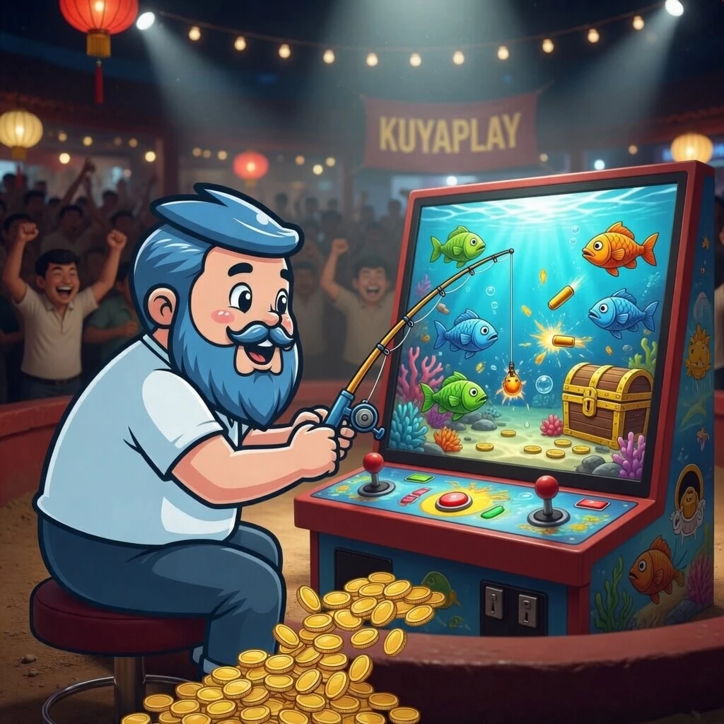 KuyaPlay fish shooting game banner displaying vibrant underwater scene with cannon and colorful sea creatures